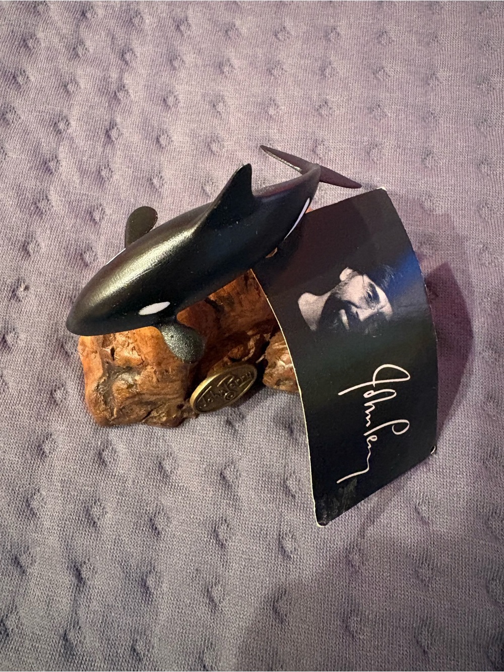 John Perry Black Orca Whale Sculpture on Wood Base